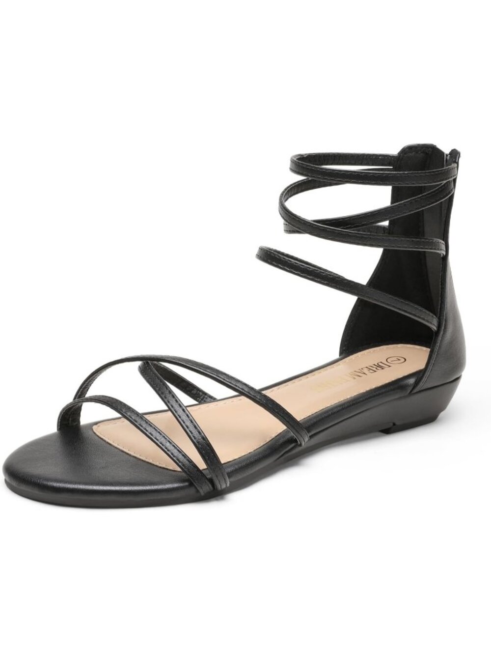 Women's Black Pu Gladiator Flat Sandals Ankle Strap Comfortable Zip